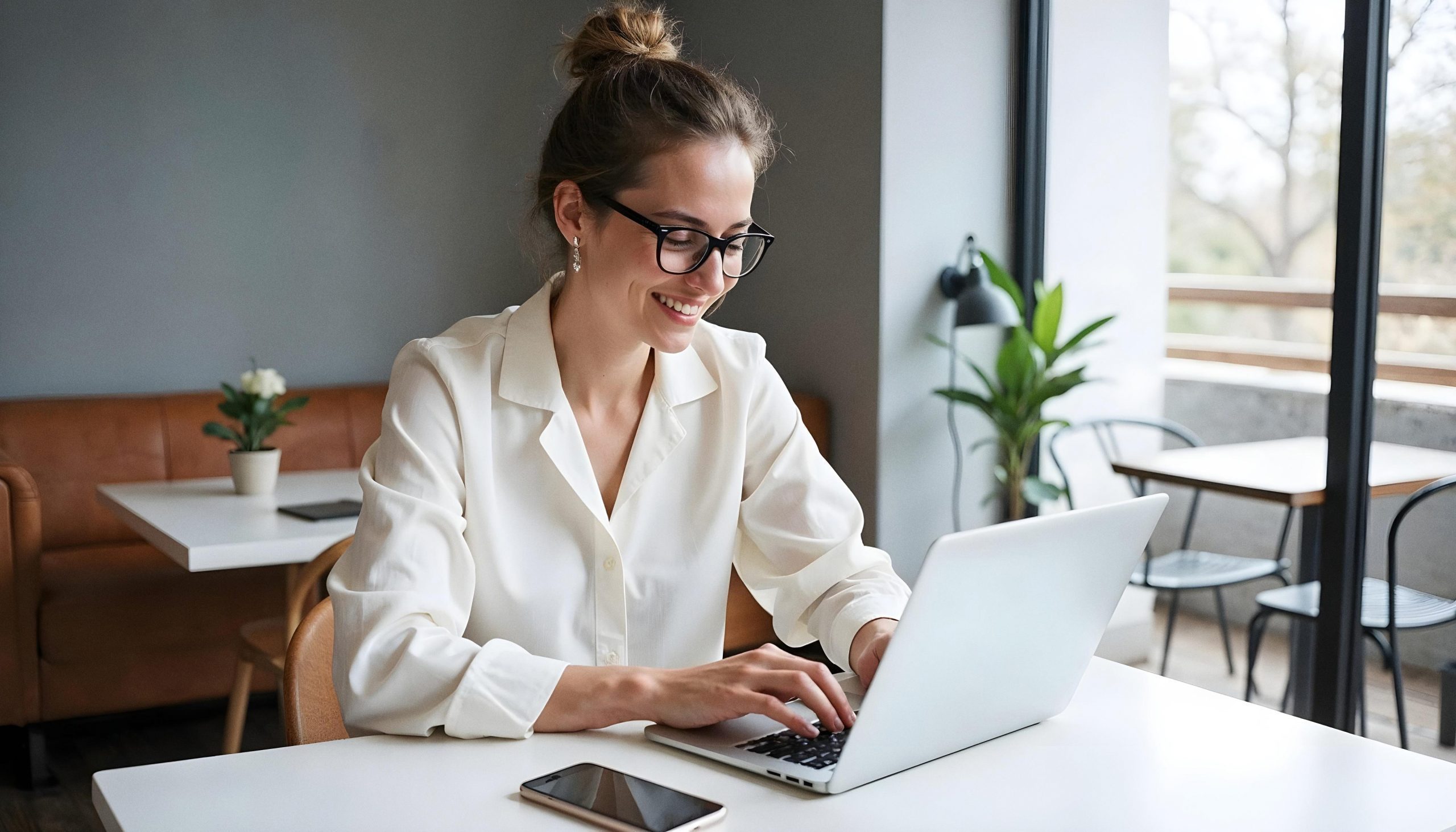 Professional woman typing on her laptop in a modern and relaxing workspace.
