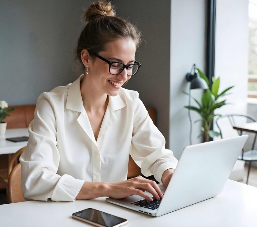 Professional woman typing on her laptop in a modern and relaxing workspace.